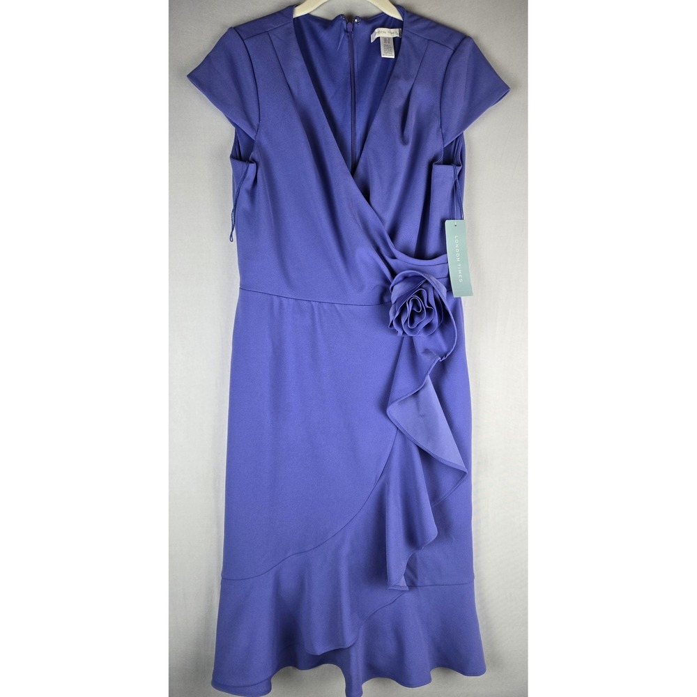 London Times Women Periwinkle Blue Rosette Ruffle Faux Wrap Sheath Dress Size 6